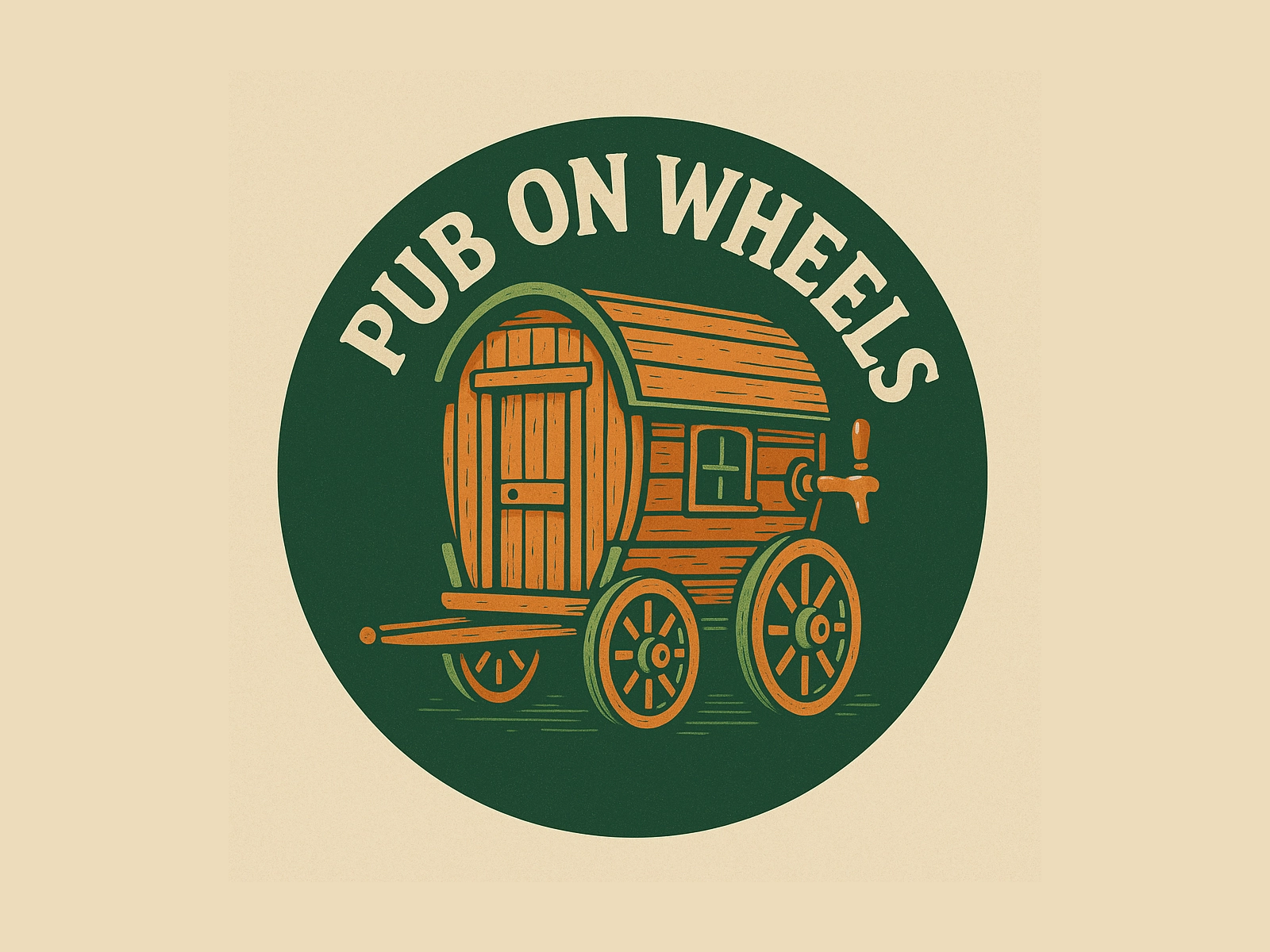 Logo Pub On Wheels Der Schriftzug "Pub On Wheels" steht über einem Bild eines stilisierten Fasses auf alten Wagenrädern, welches eine Tür und ein Fenster hat. Am Fass ist ein hölzerner Zapfhahn.