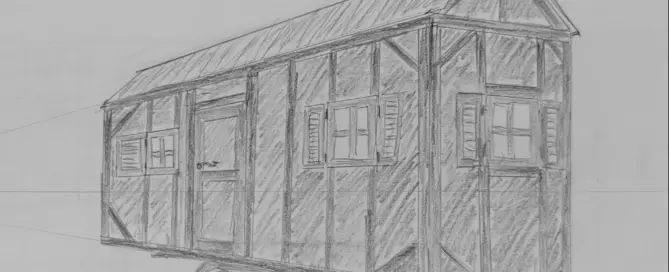 Man sieht eine perspektivische Skizze eines kleinen Fachwerkhauses auf Rädern. Es hat eine Tür und drei Fenster mit Fensterläden.