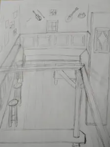 Das Bild zeigt eine Bleistiftskizze eines Raumes. Vom Tresen aus schaut man in den Raum hinein in welchem hinten eine Sitzbank mit einem Fenster darüber ist. An der Wand um das Fenster hängen eine Geige, eine Tin-Whistle, ein Akkordeon und eine Mandoline. An der rechten Seitenwand befindet sich im vorderen Teil ein schmaler Raumteiler mit einem Bleiglasfester, der den Raum zur Eingangstür hin optisch absetzt. Die Wände sind im unteren Bereich mit Holz getäfelt. Im oberen Bereich hängen nicht erkennbare Bilder.